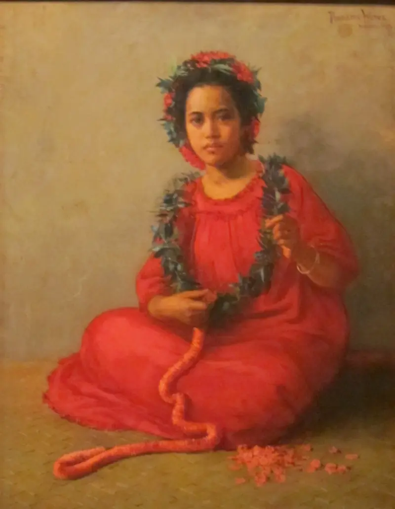 The Lei Maker, a 1901 painting by Theodore Wores of a young Hawaiian woman stringing a lei