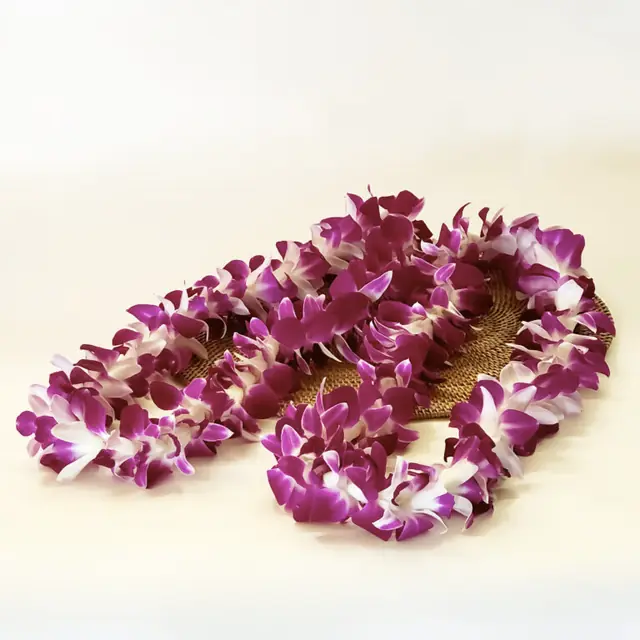 Two fresh purple and white orchid lei, the standard Lei Maui greeting lei