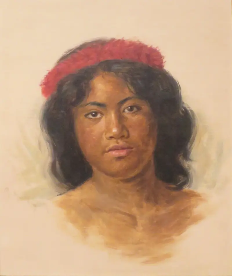 A painting of a young Hawaiian woman wearing a red haku lei on her head