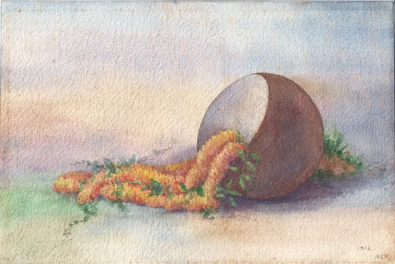 A watercolor of a coconut calabash with ʻilima and maile lei
