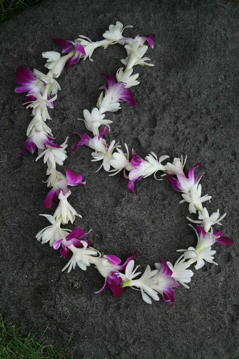 An orchid lei with white tuberose flowers on a lava rock